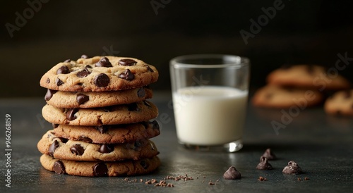Stacked chocolate chip cookies beside a glass of milk on a light tabletop in ...