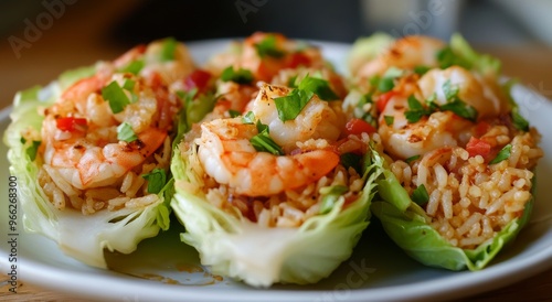 Colorful shrimp and rice dish served in lettuce cups garnished with green onions