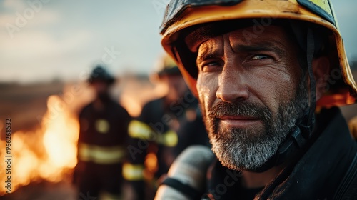 A firefighter in a helmet with a determined expression stands in front of a fire, with other firefighters working in the background, illustrating bravery and resolve.