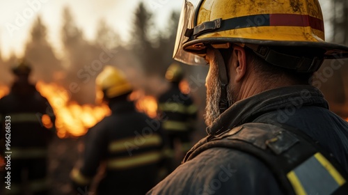 A determined firefighter wearing protective gear and helmet oversees a blazing forest, with fellow firefighters working in the background, capturing a moment of bravery and urgency.