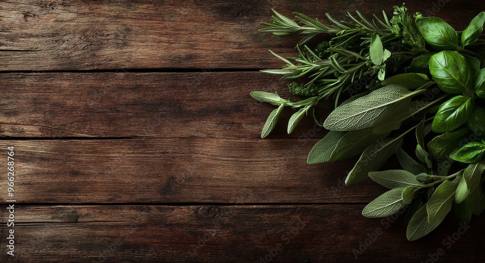 Fresh herbs arranged on a rustic wooden table highlighting their vibrant colors and textures Fresh herbs arranged on a rustic wooden table highlighting their vibrant colors and textures