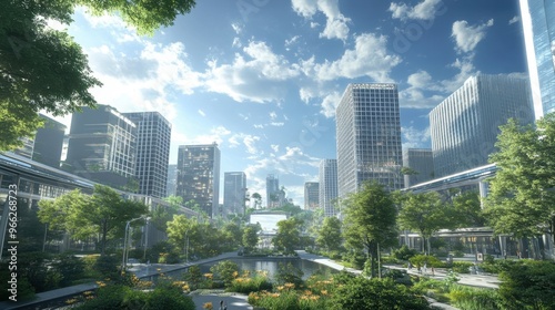 A wide-angle city view with modern buildings, a clear sky, fresh air, and nature thriving all around, creating a peaceful and clean urban oasis.