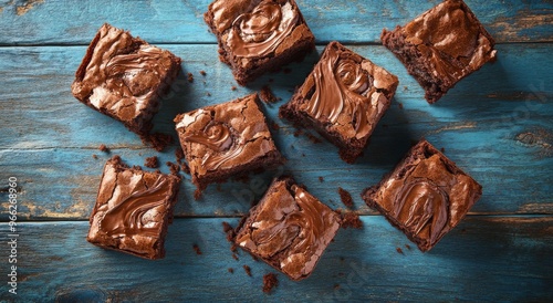 Delicious homemade brownies arranged on a rustic blue wooden table in afterno...