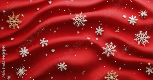 Beautiful red fabric with embroidered snowflakes, perfect for holiday decorations and crafts photo