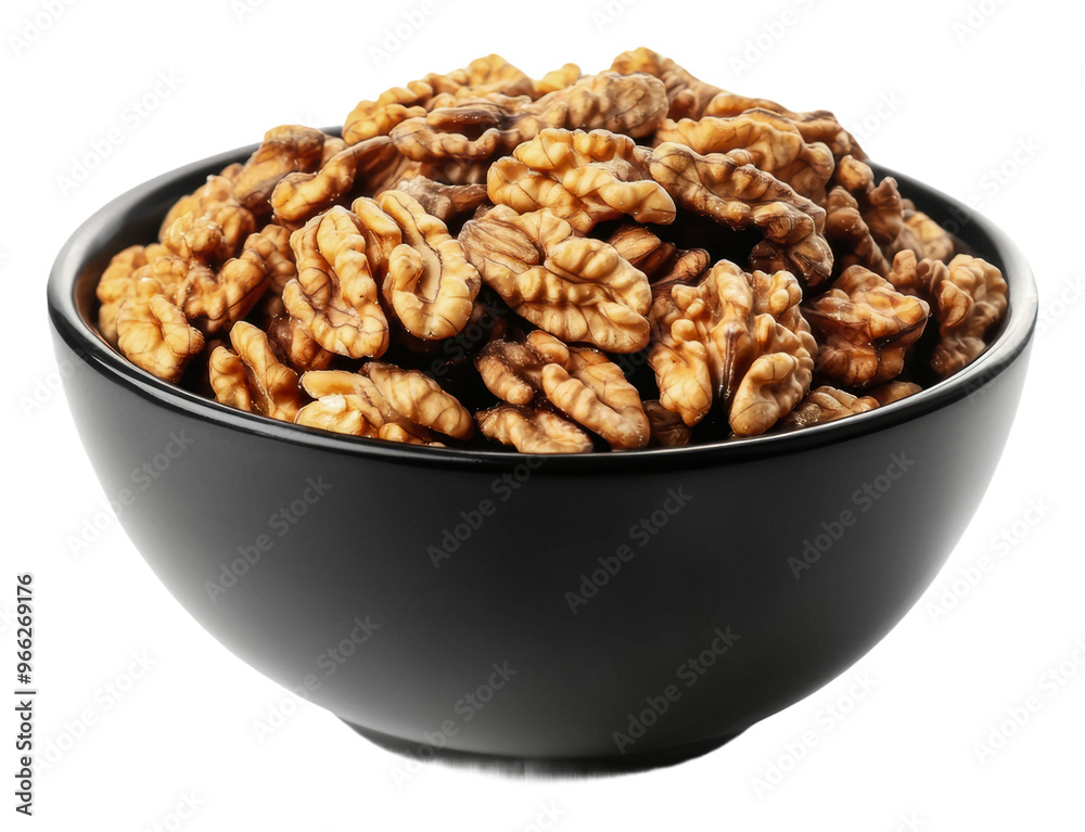 PNG A black bowl filled with fresh walnuts on display PNG A black bowl filled with fresh walnuts on display