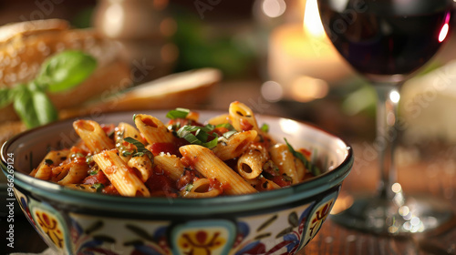 Gourmet penne pasta in spicy arrabbiata sauce with tomatoes, garlic, chili flakes, and fresh basil photo