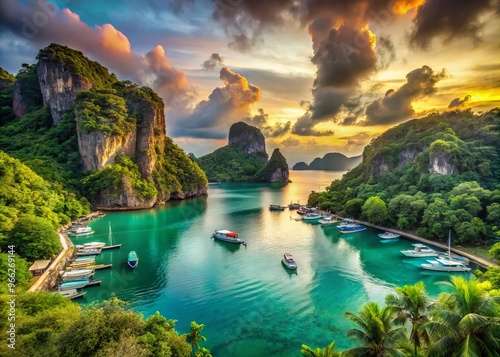 Serene turquoise waters of a secluded natural harbor surrounded by lush green vegetation and towering cliffs under a