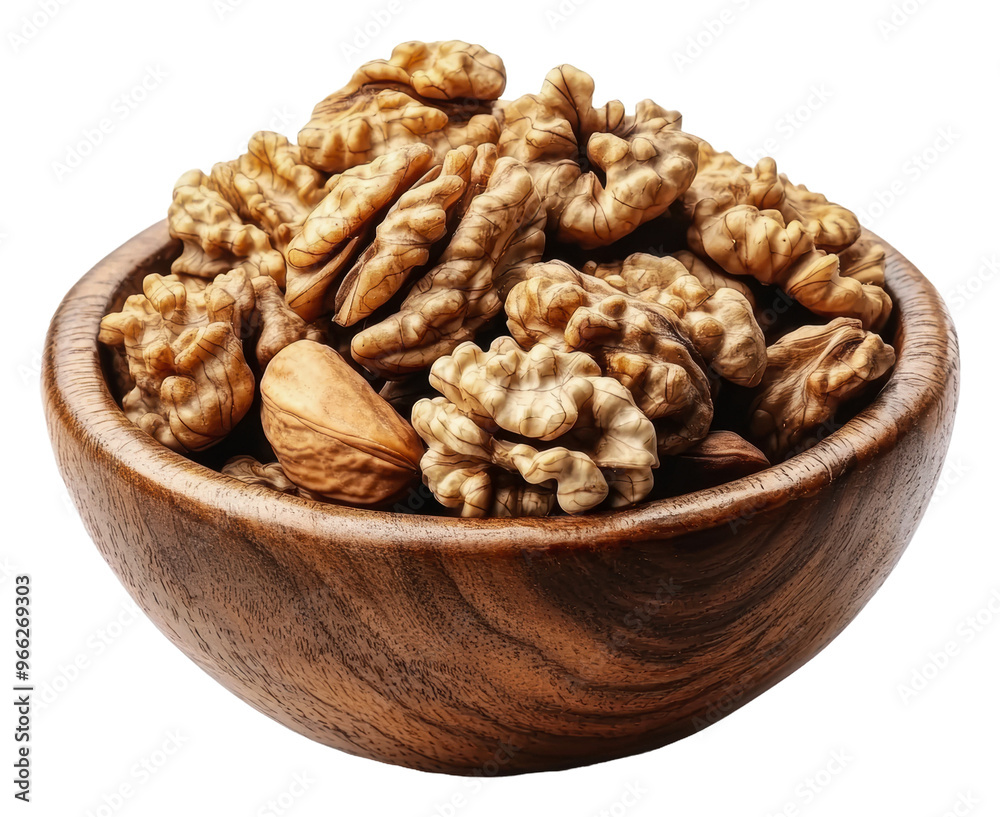 PNG Freshly shelled walnuts in a rustic wooden bowl PNG Freshly shelled walnuts in a rustic wooden bowl