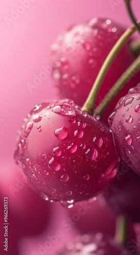 Fresh cherries with water droplets against a soft pink background during natu...