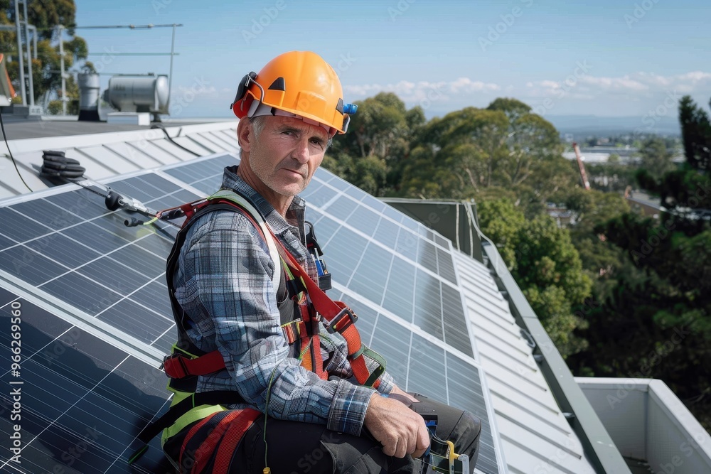 Manual Worker A mature man at work, repairing some solar cell panels on the roof a university. Wearing his overalls, harness and hardhat. Manual Worker A mature man at work, repairing some solar cell panels on the roof a university. Wearing his overalls, harness and hardhat.
