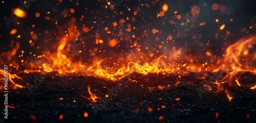 Dynamic orange flames and glowing embers captivating the dark ground at dusk