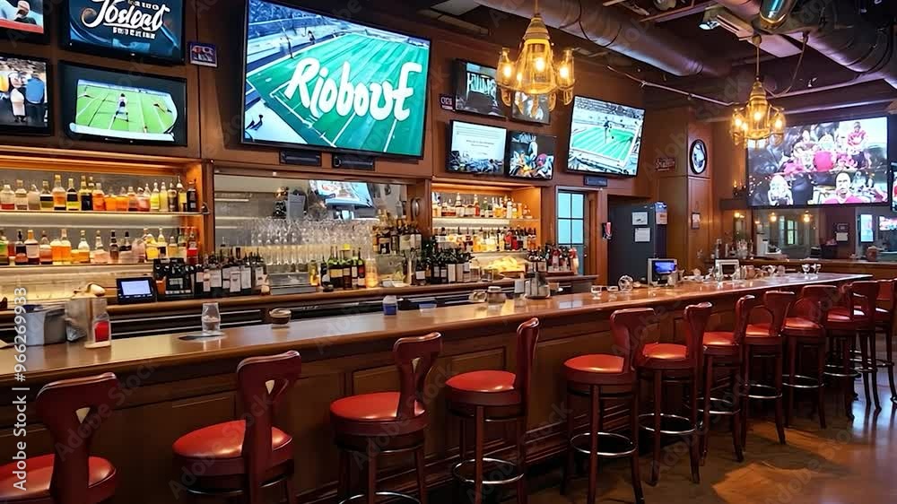 Sports Bar Interior with Multiple TVs Showing Games and a Long Bar with ...
