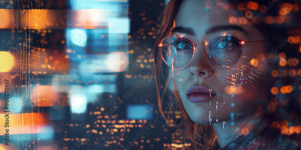 Close up of a woman's face wearing glasses with a futuristic digital overlay.
Close up of a woman's face wearing glasses with a futuristic digital overlay.
