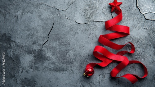 A decorative red ribbon forming a Christmas tree shape on a textured gray bac...