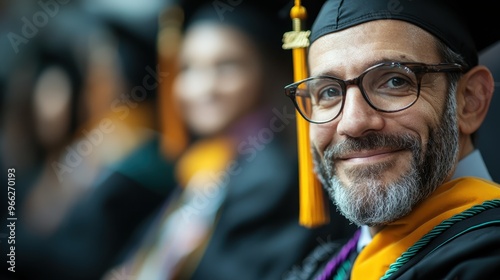 A smiling man in a graduation cap is captured radiating joy and pride at a commencement ceremony, surrounded by fellow graduates, signifying his noteworthy academic achievement.