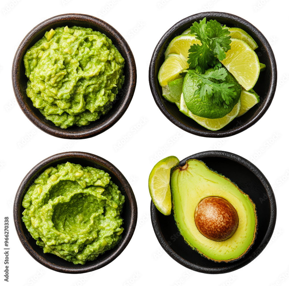 Obraz premium PNG Fresh guacamole and avocado preparation in bowls