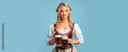 A beautiful young woman in traditional German dress holds a beer, smiling and looking at the camera on a light blue background with copy space for text, oktoberfest concept