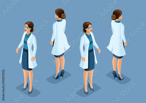 Trending Isometric Doctors. 3D Female surgeon, Medical worker, hand and foot gestures, front view and back view. Vector Illustration Set 3