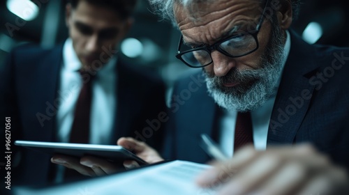 A focused elderly gentleman with glasses works intently on documents and a tablet, highlighting the diligent attention to detail required in a professional environment. photo