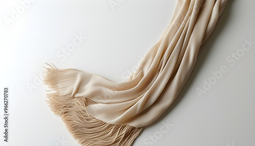 Elegant beige fringed scarf draped gracefully on a white background, embodying warmth, comfort, and understated sophistication. photo