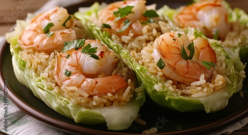 Colorful shrimp and rice dish served in lettuce cups garnished with green onions