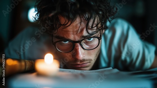 A person deeply focused, leaning on a table surrounded by books and a solitary candle, providing a sense of dedication and determination in an intimate setting. photo