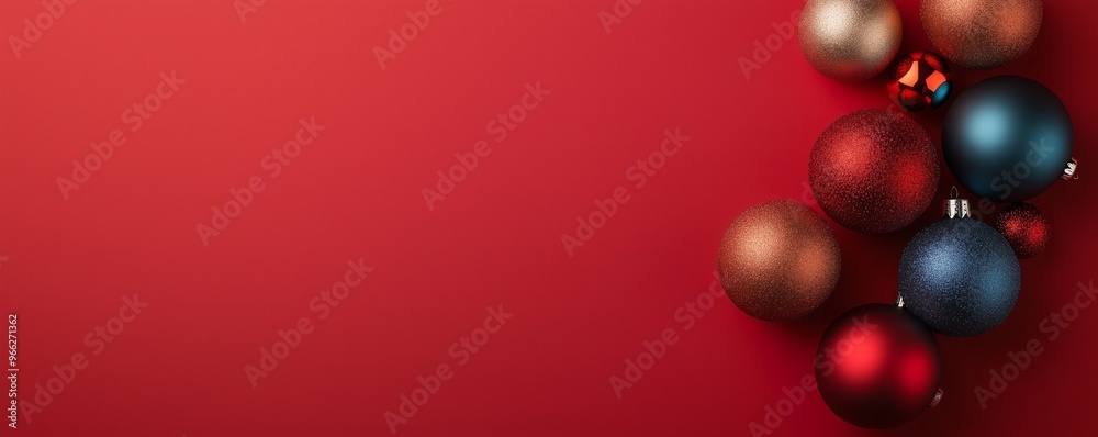 Brightly colored Christmas balls lie scattered on a rich red background, enhancing holiday spirit Brightly colored Christmas balls lie scattered on a rich red background, enhancing holiday spirit