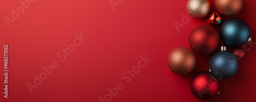 Brightly colored Christmas balls lie scattered on a rich red background, enhancing holiday spirit