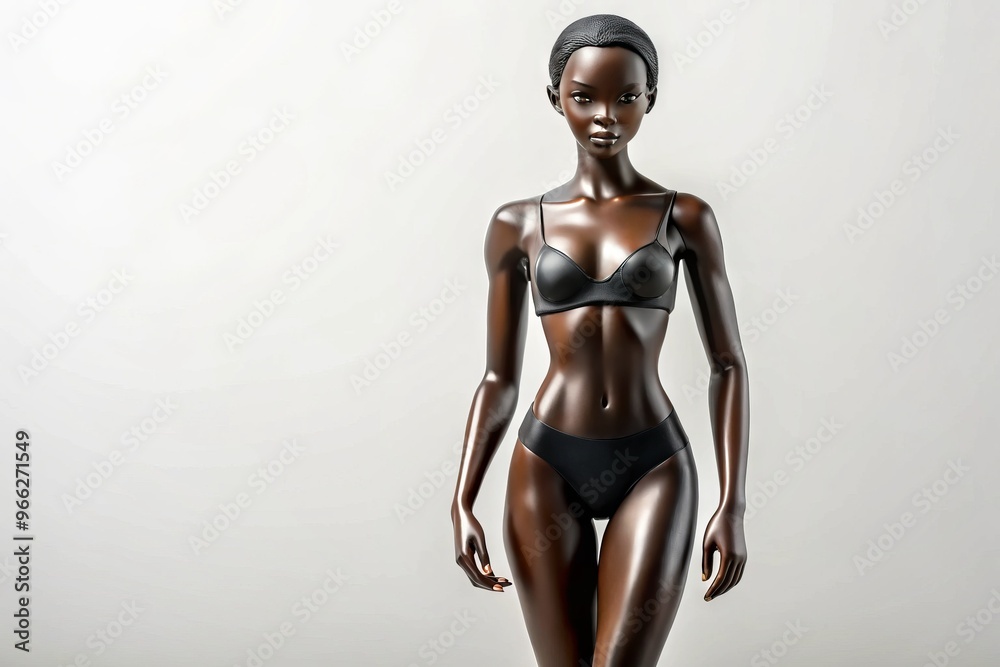 Sleek black female figurine with delicate features and slender physique standing against a minimalist white background, Sleek black female figurine with delicate features and slender physique standing against a minimalist white background,