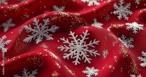 Beautiful red fabric with embroidered snowflakes, perfect for holiday decorat...