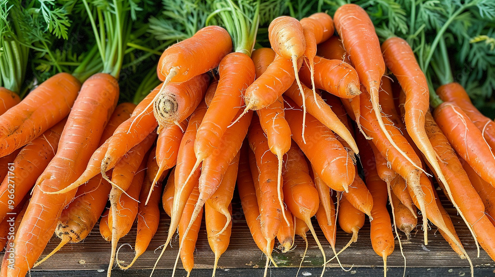 A pile of orange carrots with the tops still attached, arranged in a neat bundle with earthy tones.