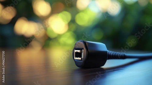 Black electric power plug lying on a wooden surface with a blurred background, representing modern energy solutions. photo