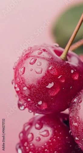 Fresh cherries with water droplets against a soft pink background during natu...