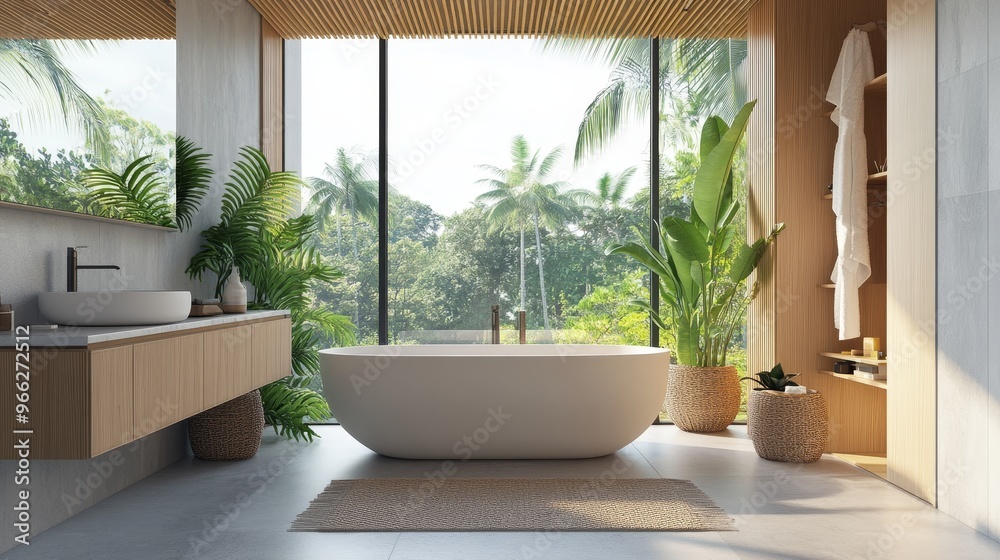 Fototapeta premium A luxurious modern bathroom with a freestanding tub, large window overlooking a tropical landscape, wooden accents, and green plants. The bathroom has a contemporary design with natural elements