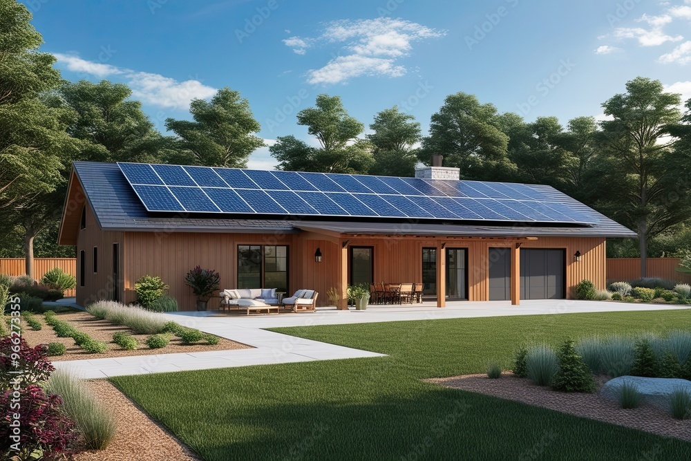 Energy Efficient Modern Farmhouse with Solar Panel Roof and Beautiful Landscaped Gardens Energy Efficient Modern Farmhouse with Solar Panel Roof and Beautiful Landscaped Gardens