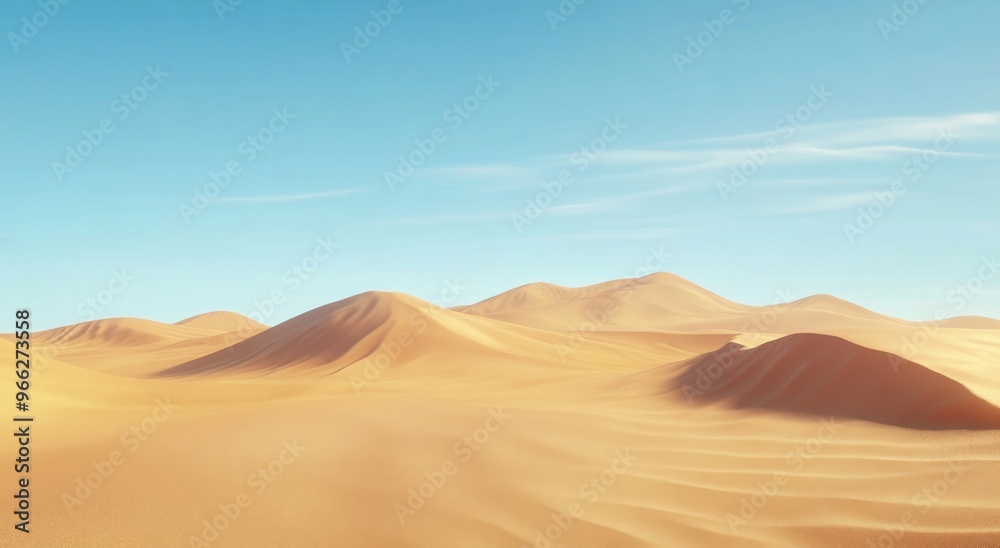 Vast, golden sand dunes under a clear blue sky in a remote desert landscape during daytime Vast, golden sand dunes under a clear blue sky in a remote desert landscape during daytime