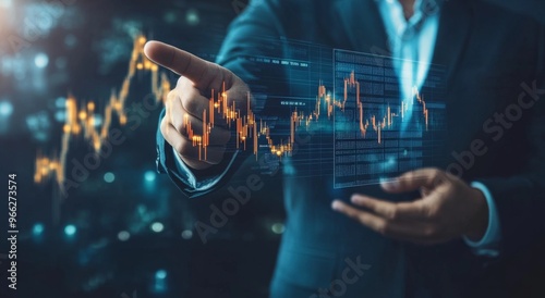 Analyzing financial data trends on a digital touchscreen display in a modern ...
