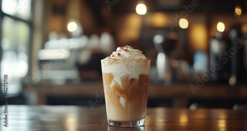Delicious iced coffee topped with whipped cream and chocolate shavings in a c...