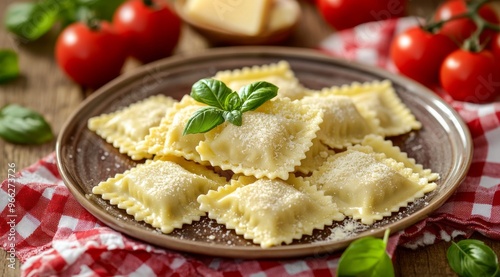Homemade ravioli with basil and tomatoes arranged on a plate in a rustic kitc...