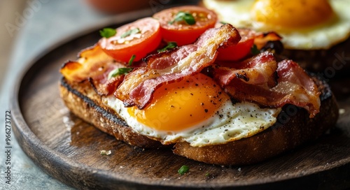 Delicious breakfast with fried eggs, crispy bacon, and cherry tomatoes on toa...