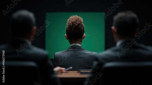 An individual sits facing a panel of interviewers in a formal setting, suggesting a professional interview or evaluation scenario, emphasizing the importance of the event. photo