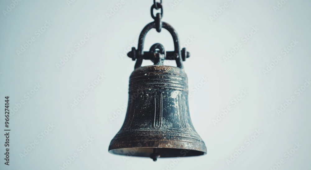 Obraz premium Rustic bronze bell hanging from a branch with blurred background of autumn leaves during daylight