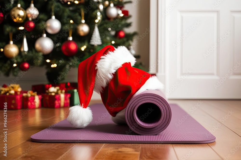 Obraz premium Yoga Mat with Santa Hat in a Decorated Home Inspiring Healthy Lifestyle and New Year Resolutions