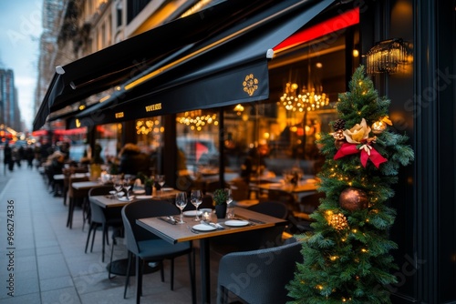 An awning with built-in heaters, providing warmth for diners sitting outside during the chilly winter months