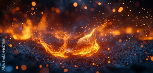 Dynamic orange flames and glowing embers captivating the dark ground at dusk
