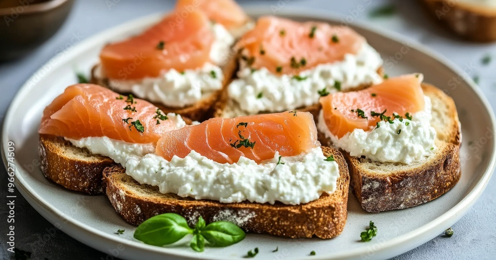 Delicious smoked salmon and creamy cheese on crusty bread served on a plate in a bright kitchen Delicious smoked salmon and creamy cheese on crusty bread served on a plate in a bright kitchen