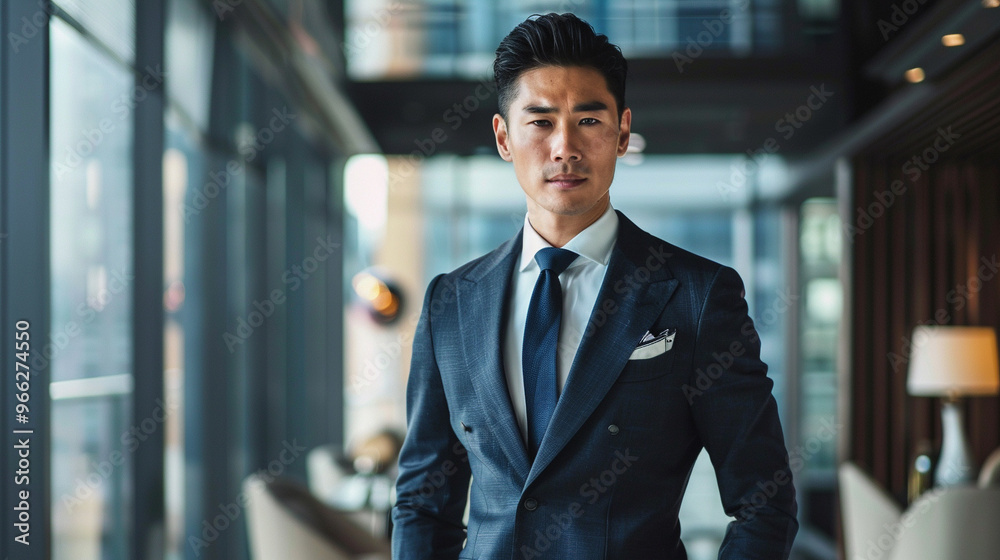 Asian man in a tailored suit, standing in a sleek, minimalist office space, with a strong, poised stance. Asian man in a tailored suit, standing in a sleek, minimalist office space, with a strong, poised stance.