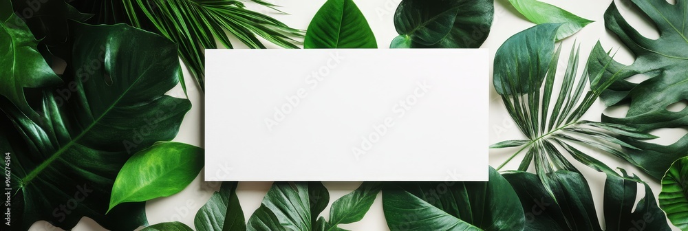 A minimalistic flat lay design showcasing lush green tropical leaves surrounding a blank white space, perfect for branding, text overlays, or product displays. It symbolizes nature, growth, freshness A minimalistic flat lay design showcasing lush green tropical leaves surrounding a blank white space, perfect for branding, text overlays, or product displays. It symbolizes nature, growth, freshness