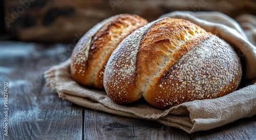 Freshly baked bread assortment on a wooden table in a cozy bakery during morn...