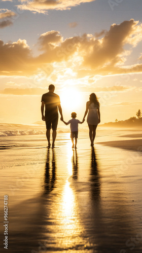 A family of three walks hand-in-hand along the beach at sunset, casting long shadows on the sand as the waves gently roll in.